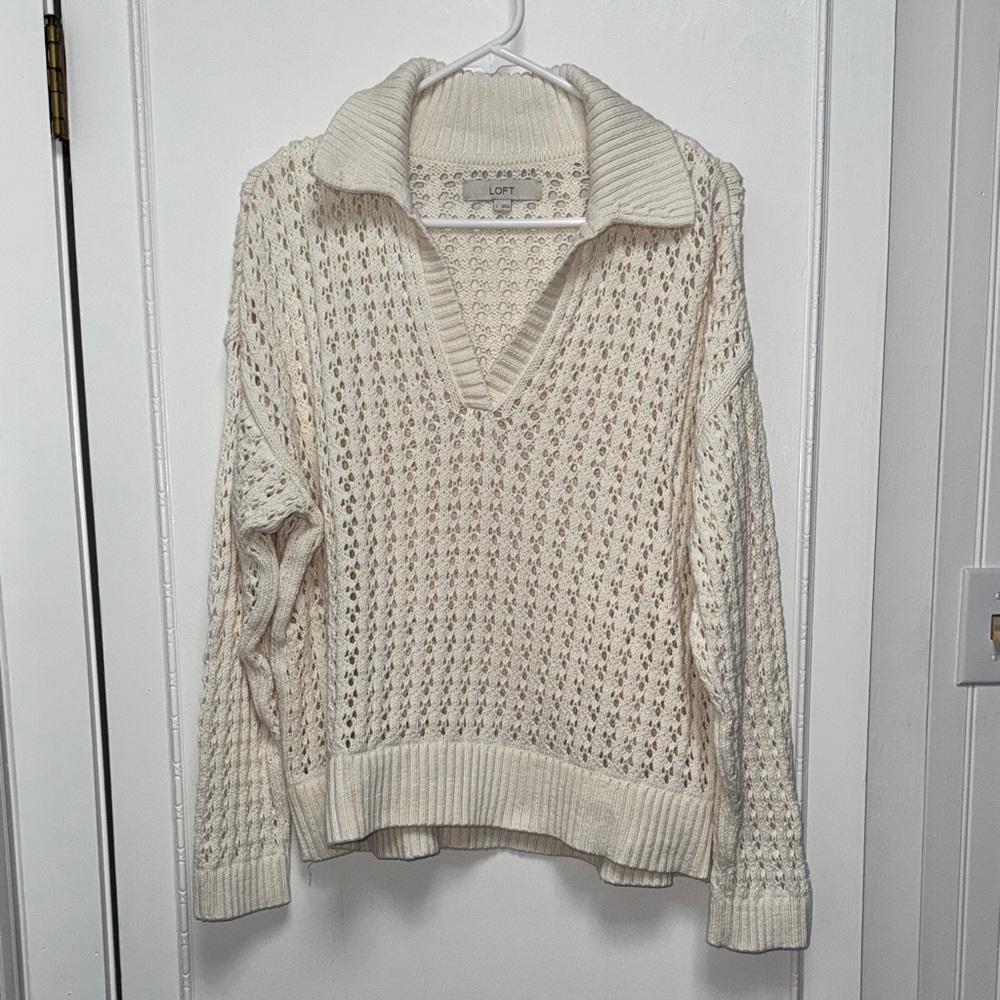 LOFT Cream V-Neck Knit Sweater